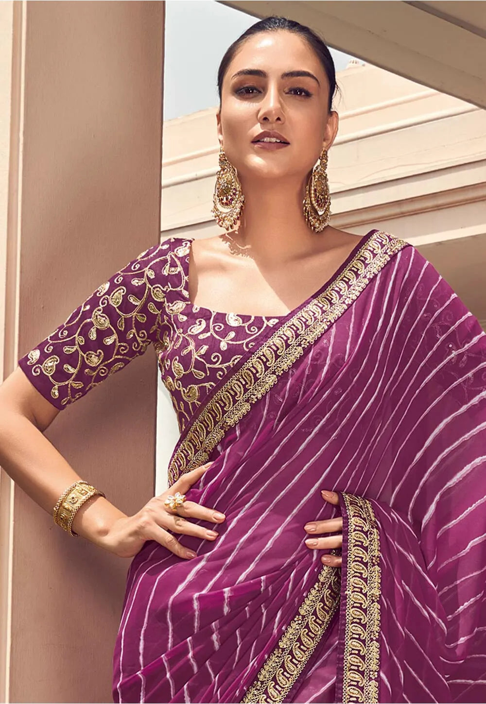 Mauve Purple Georgette Saree WITH Embroidery Border