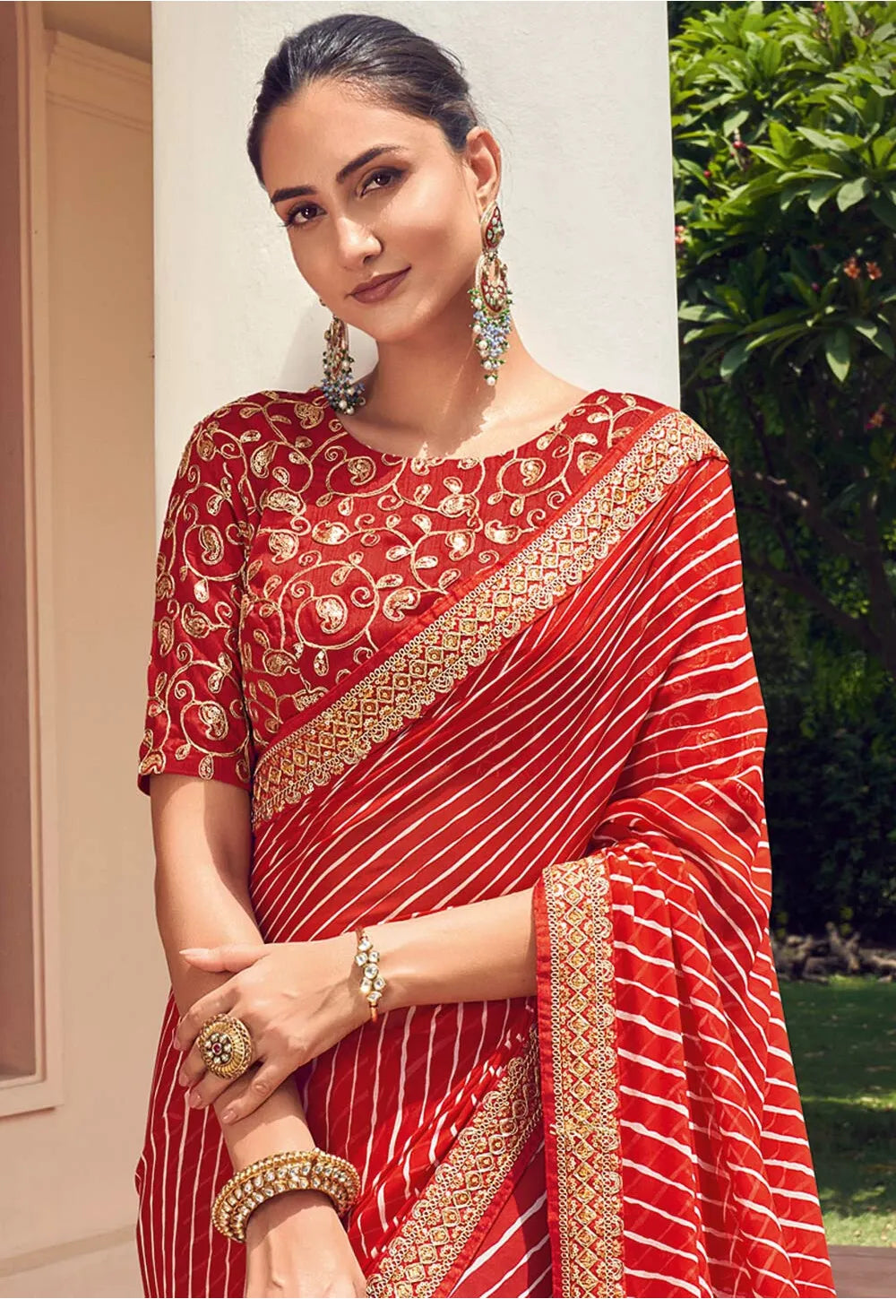 RED Georgette Saree WITH Embroidery Border