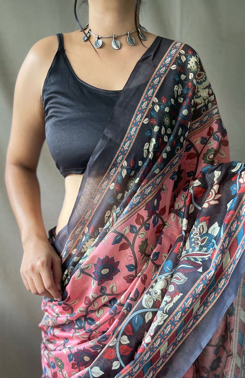 Pink Blushing Petals: Graceful Kalamkari Reverie