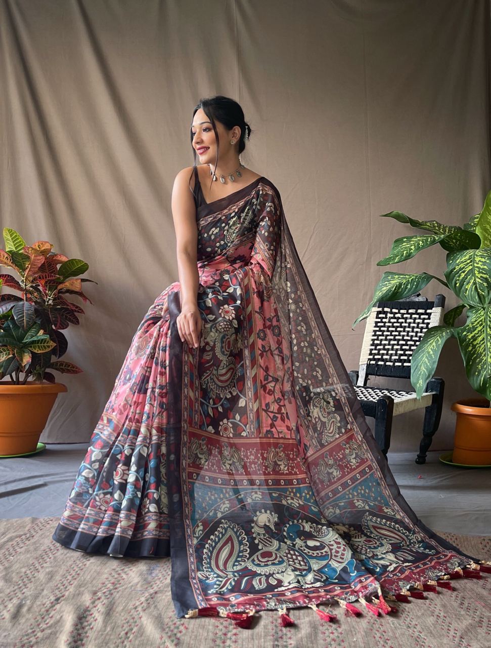 Pink Blushing Petals: Graceful Kalamkari Reverie