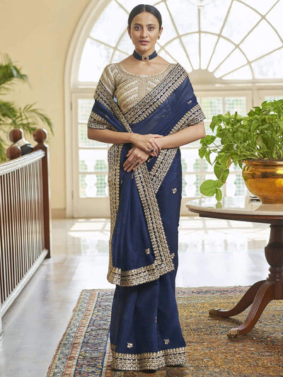 NEVY Blue Organza ZARI SEQUINS Saree  With Heavy Blouse