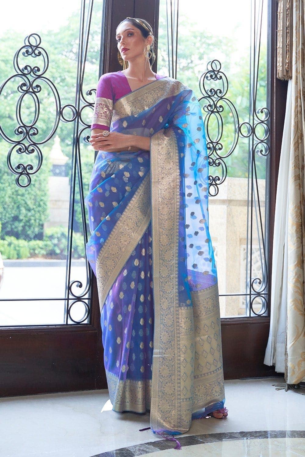 ADMIRAL BLUE ZARI WOVEN ORGANZA SILK SAREE