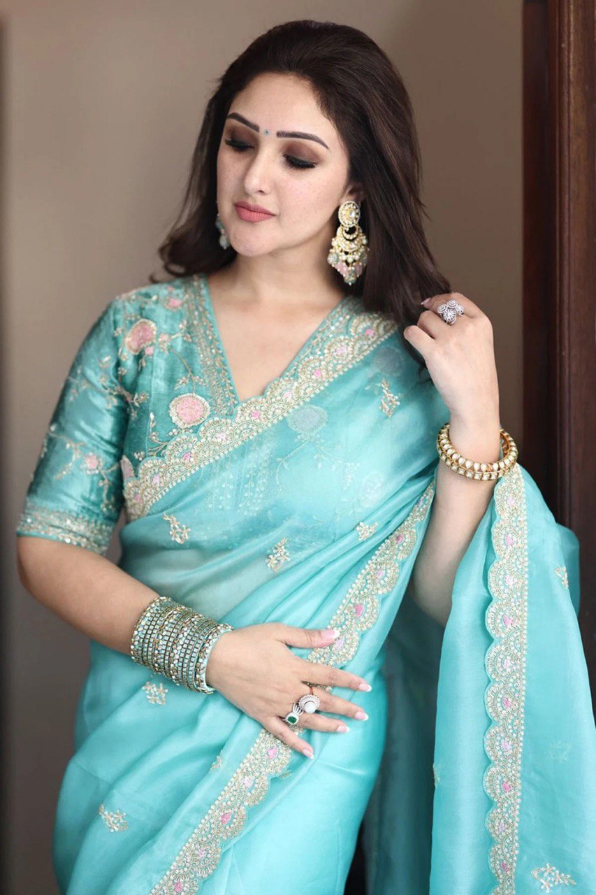 BLUE Beautiful Sequance & Cording Embroidery SAREE