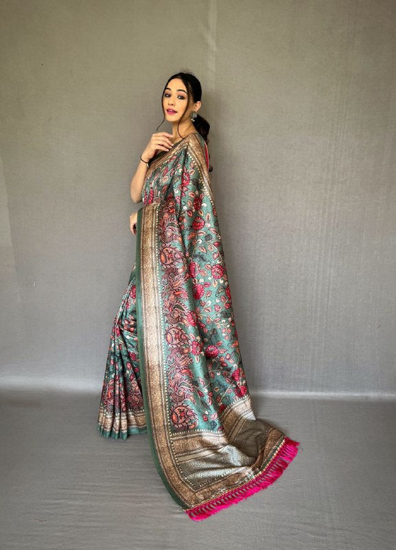 GREEN Kalamkari fusion print SAREE