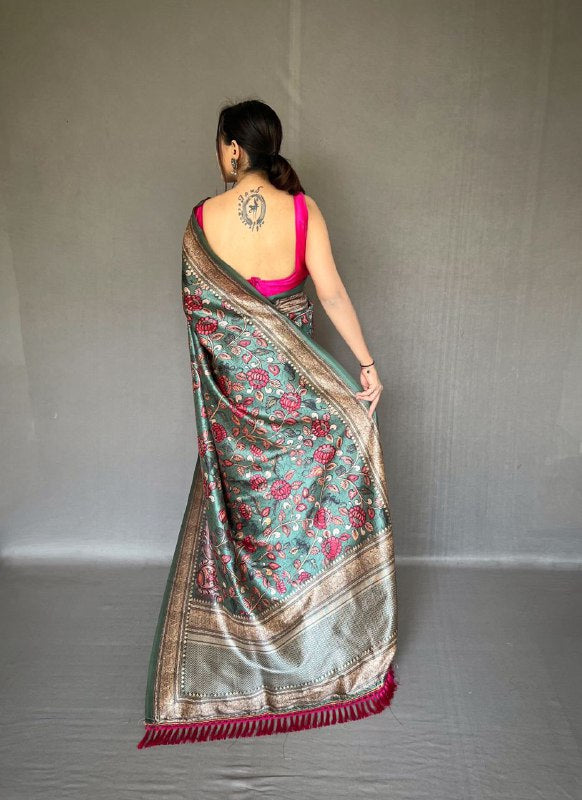 GREEN Kalamkari fusion print SAREE