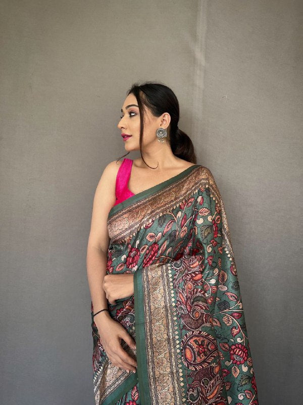 GREEN Kalamkari fusion print SAREE