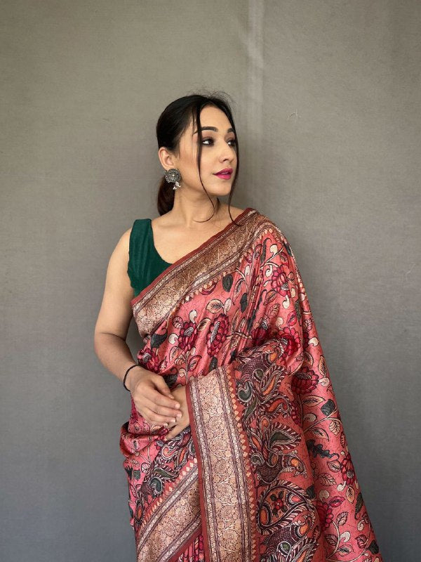 RANI PINK Kalamkari fusion print SAREE