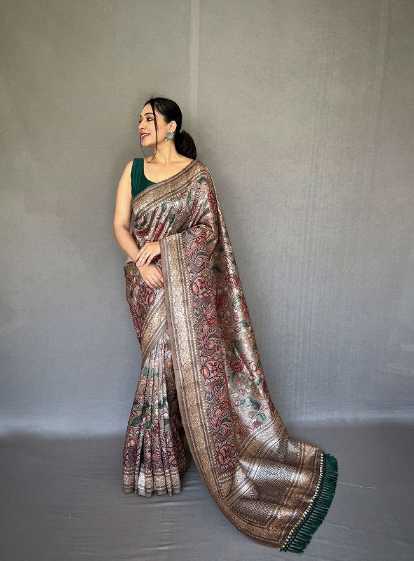 BROWN Kalamkari fusion print SAREE