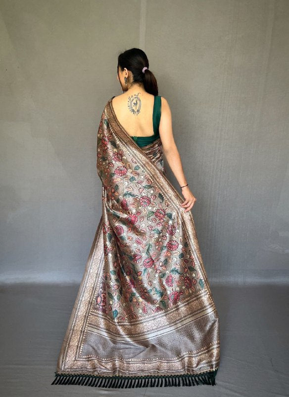 BROWN Kalamkari fusion print SAREE