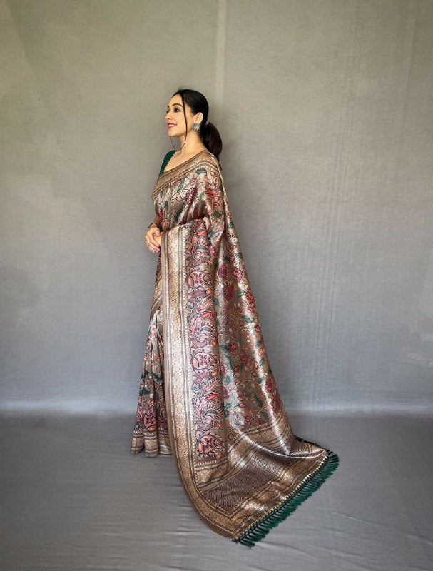 BROWN Kalamkari fusion print SAREE