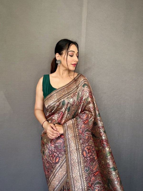 BROWN Kalamkari fusion print SAREE