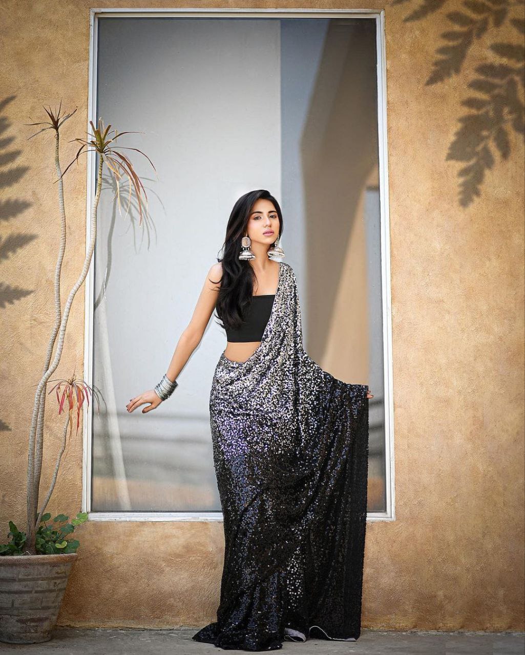 BLACK Bollywood BlockBuster Design Sequins SAREE