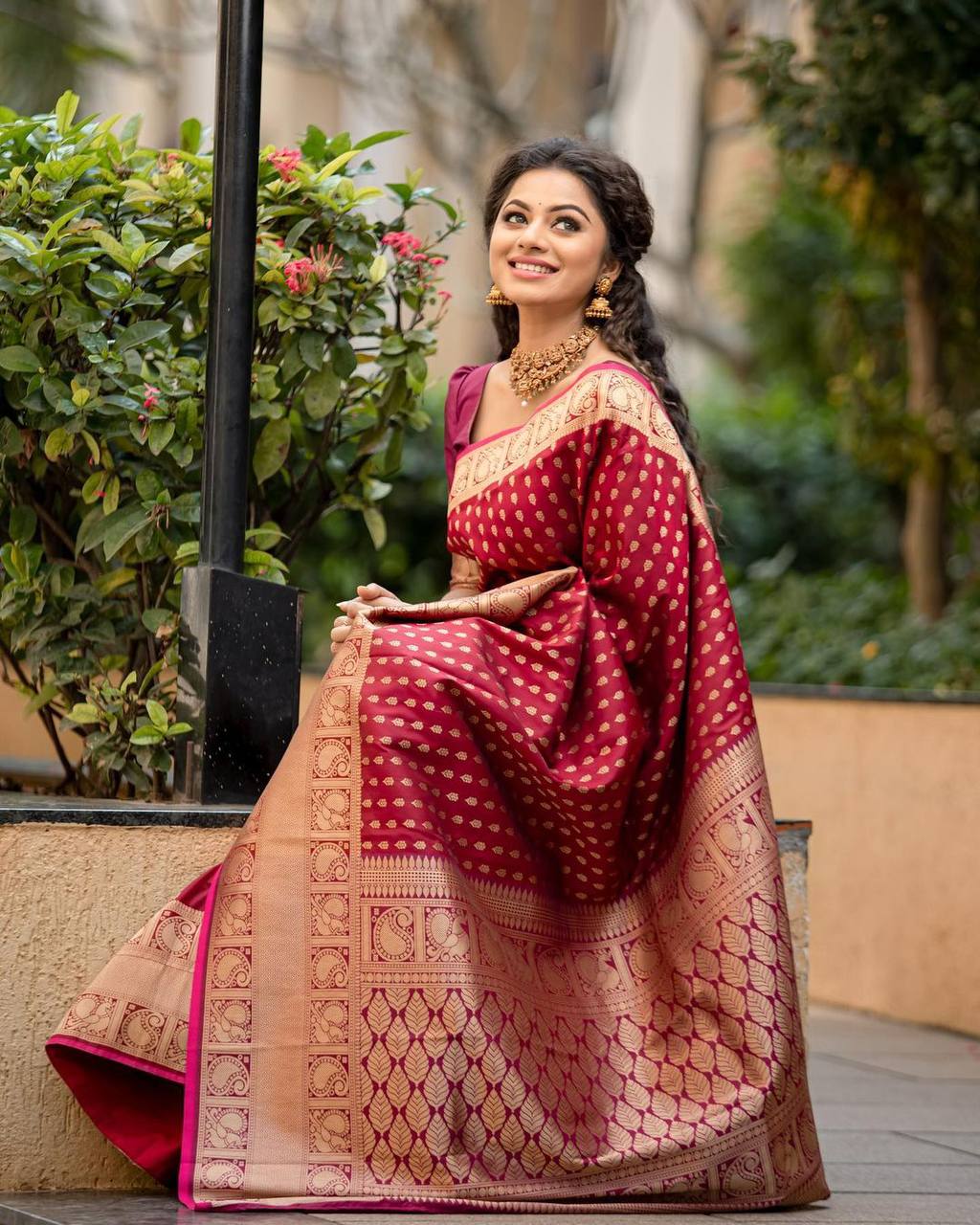 MAROON BANARASI SILK SAREE WITH HEAVY BROCADE BLOUSE