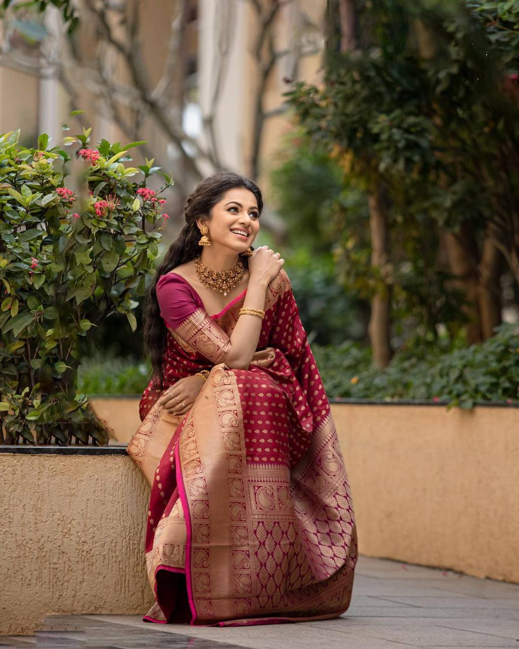 MAROON BANARASI SILK SAREE WITH HEAVY BROCADE BLOUSE