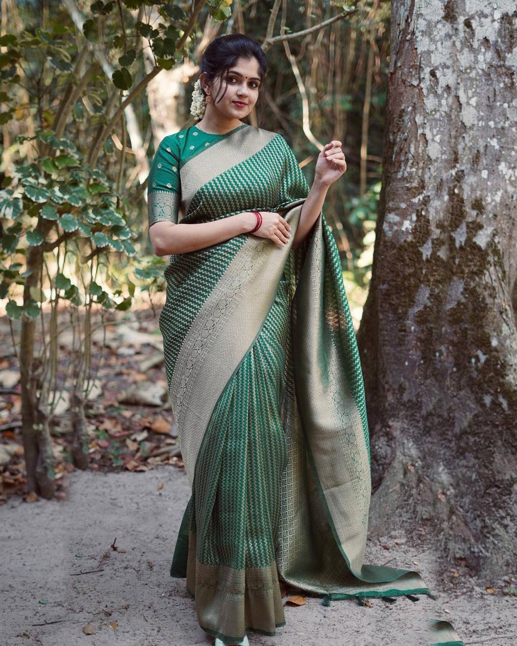 GREEN BANARASI SILK SAREE WITH HEAVY BROCADE BLOUSE