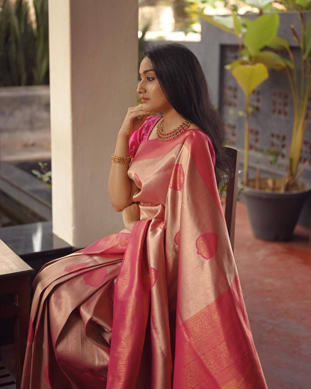 LIGHT GREY WITH PEACH BANARASI SILK SAREE WITH HEAVY BROCADE BLOUSE