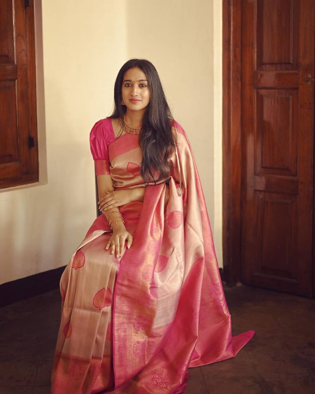 LIGHT GREY WITH PEACH BANARASI SILK SAREE WITH HEAVY BROCADE BLOUSE