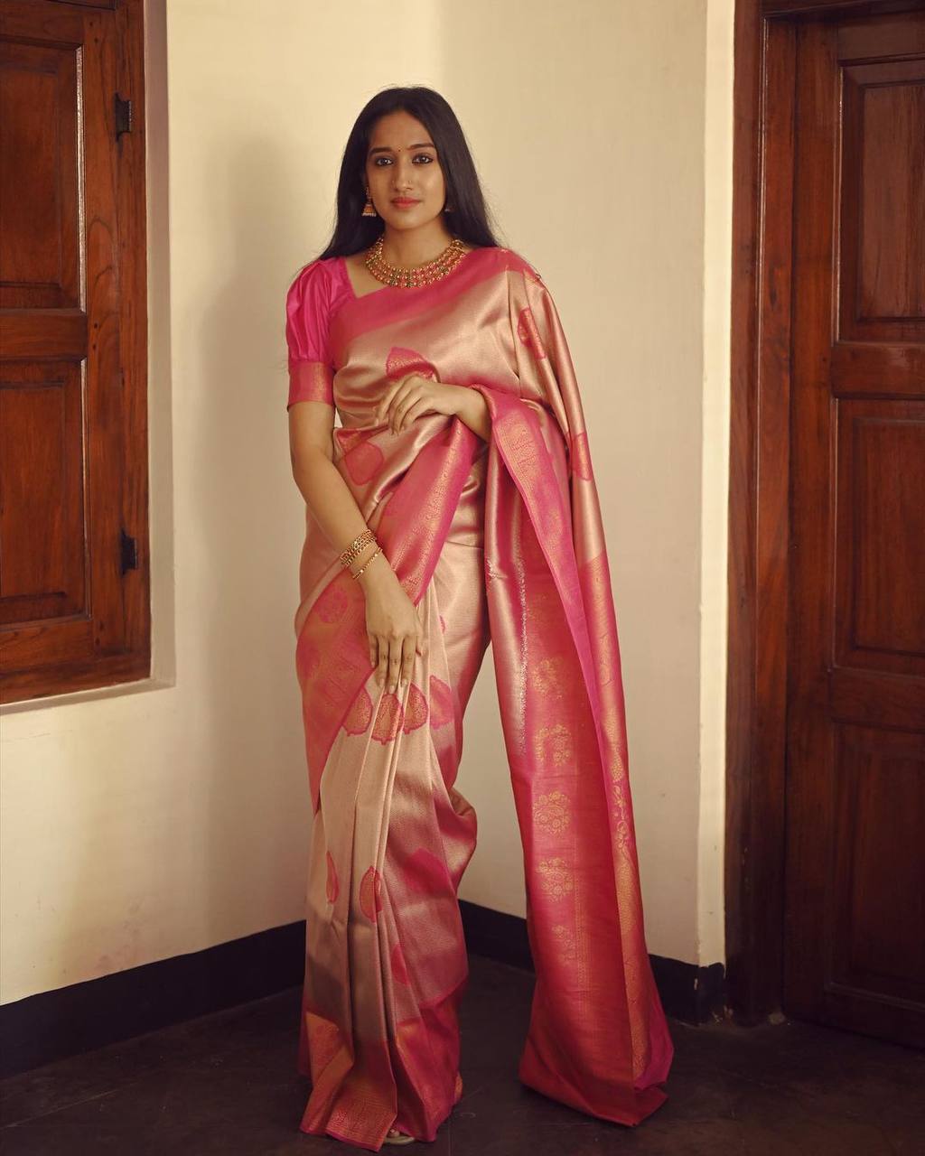 LIGHT GREY WITH PEACH BANARASI SILK SAREE WITH HEAVY BROCADE BLOUSE