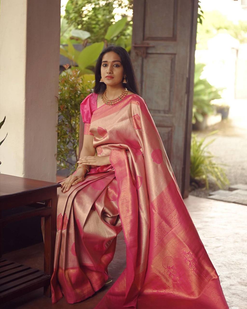 LIGHT GREY WITH PEACH BANARASI SILK SAREE WITH HEAVY BROCADE BLOUSE