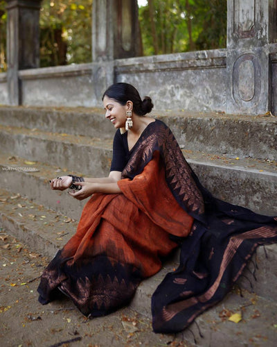 BLACK & ORANGE BANARASI SILK SAREE WITH HEAVY BROCADE BLOUSE