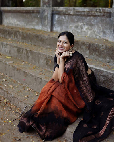 BLACK & ORANGE BANARASI SILK SAREE WITH HEAVY BROCADE BLOUSE