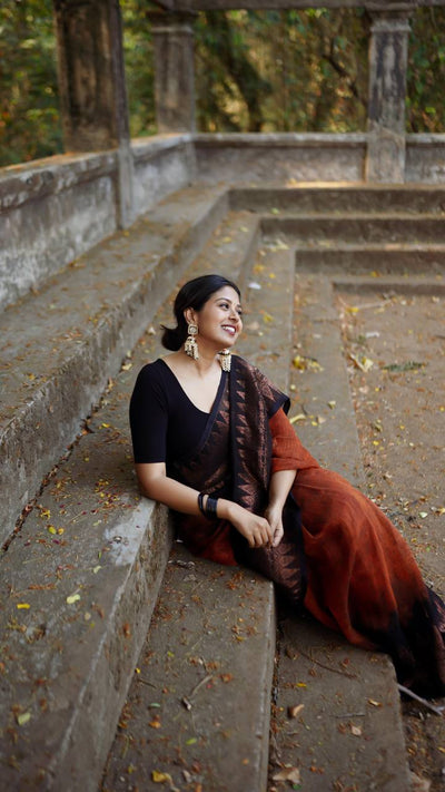 BLACK & ORANGE BANARASI SILK SAREE WITH HEAVY BROCADE BLOUSE