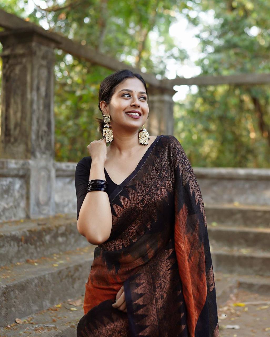 BLACK & ORANGE BANARASI SILK SAREE WITH HEAVY BROCADE BLOUSE