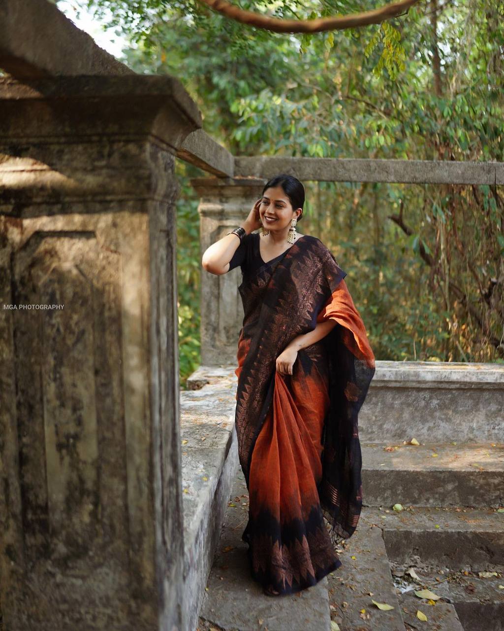 BLACK & ORANGE BANARASI SILK SAREE WITH HEAVY BROCADE BLOUSE