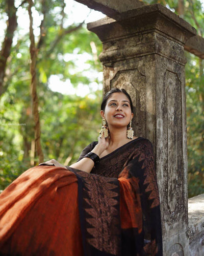 BLACK & ORANGE BANARASI SILK SAREE WITH HEAVY BROCADE BLOUSE