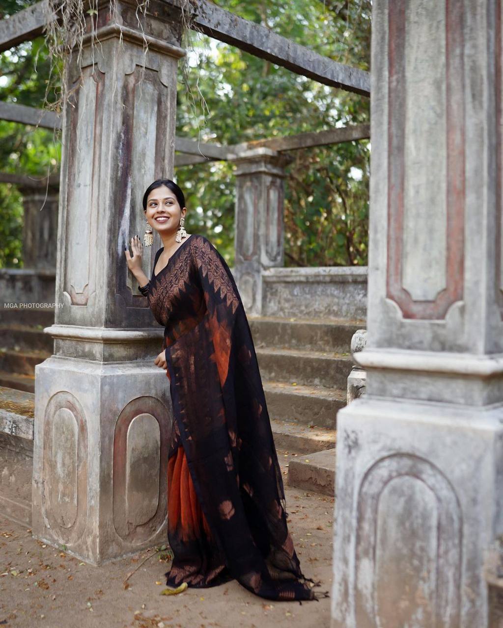 BLACK & ORANGE BANARASI SILK SAREE WITH HEAVY BROCADE BLOUSE