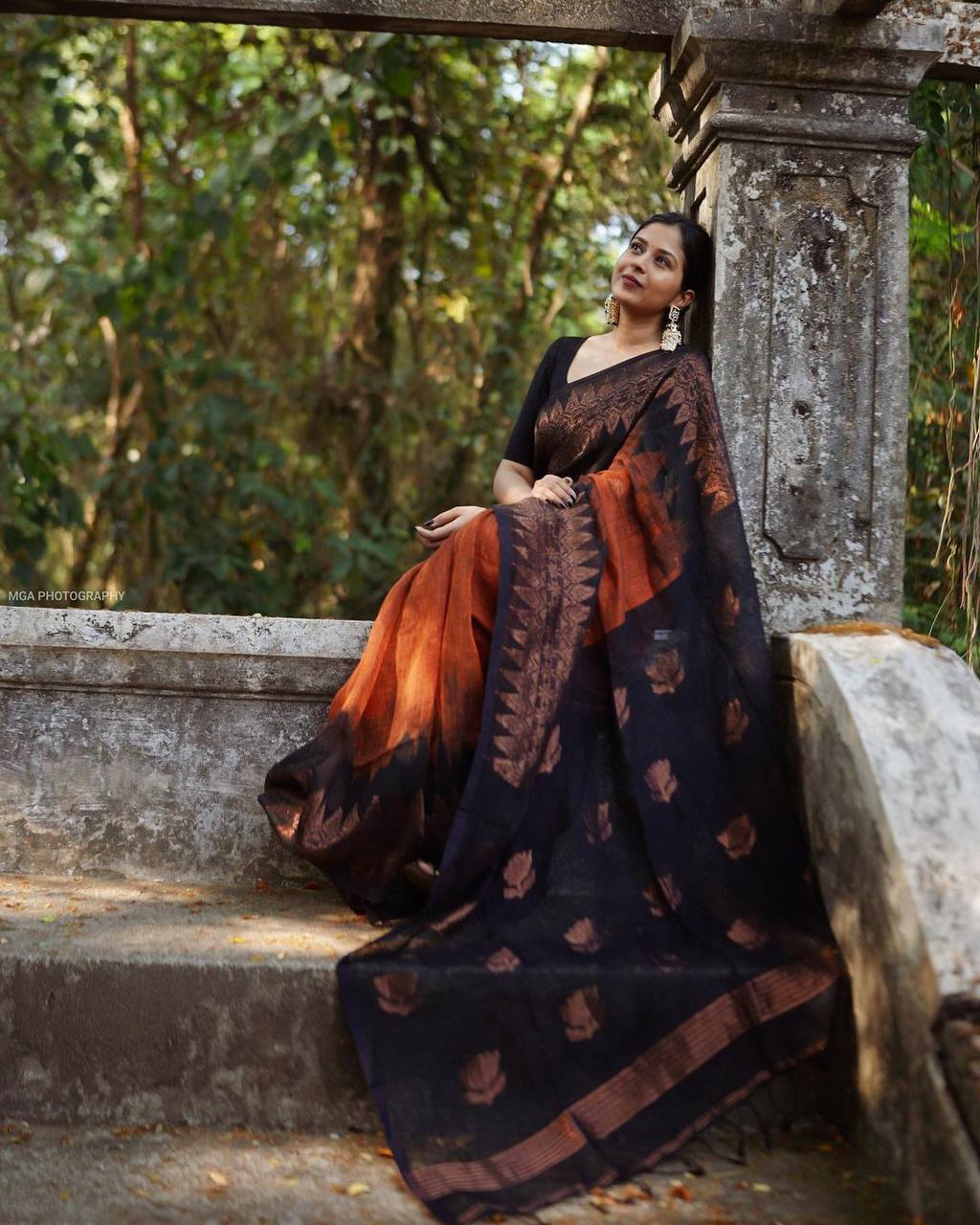 BLACK & ORANGE BANARASI SILK SAREE WITH HEAVY BROCADE BLOUSE