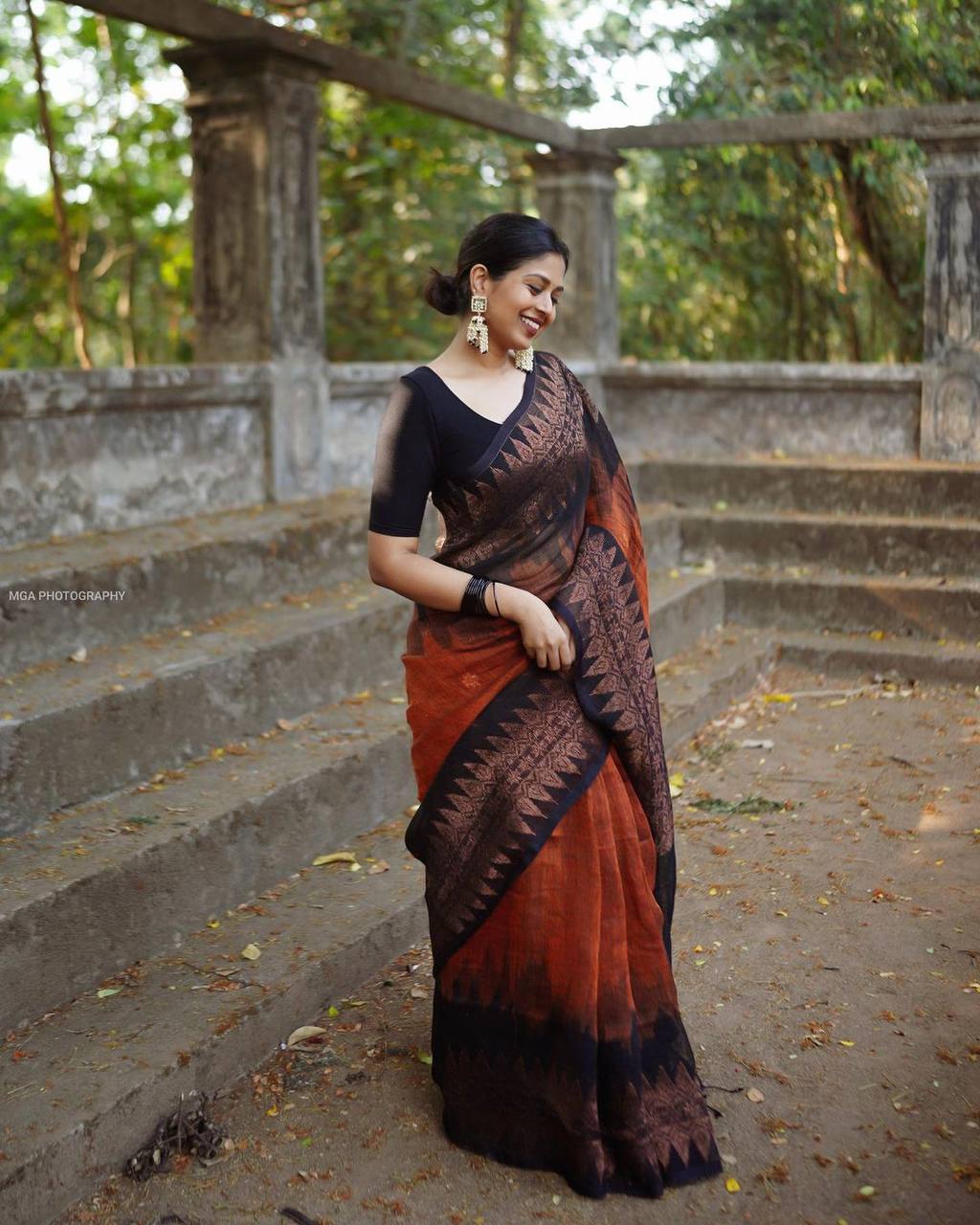 BLACK & ORANGE BANARASI SILK SAREE WITH HEAVY BROCADE BLOUSE