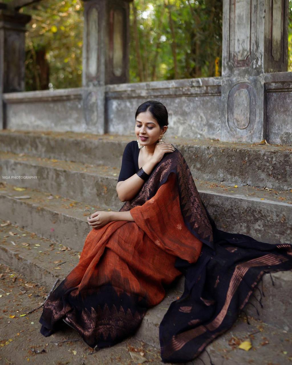 BLACK & ORANGE BANARASI SILK SAREE WITH HEAVY BROCADE BLOUSE