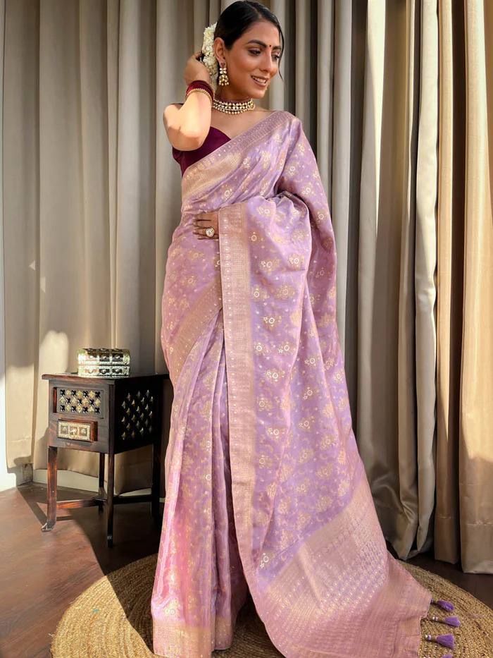 LAVENDER COLOUR PURE SEMI SILK SAREE WITH HEAVY BROCADE BLOUSE