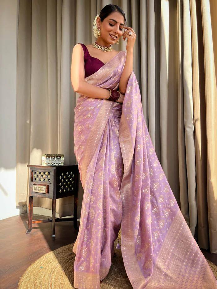 LAVENDER COLOUR PURE SEMI SILK SAREE WITH HEAVY BROCADE BLOUSE