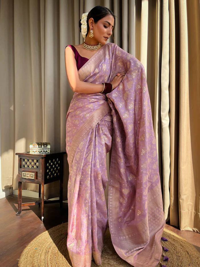 LAVENDER COLOUR PURE SEMI SILK SAREE WITH HEAVY BROCADE BLOUSE