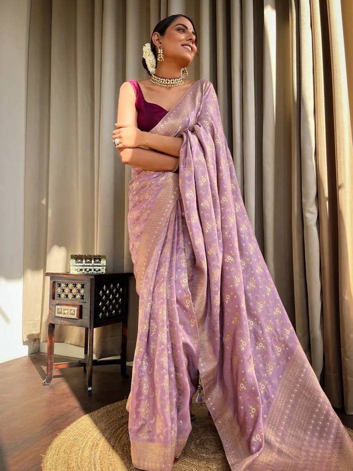 LAVENDER COLOUR PURE SEMI SILK SAREE WITH HEAVY BROCADE BLOUSE