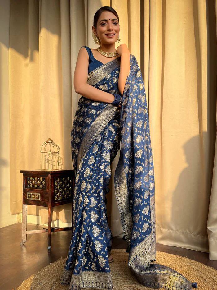 BLUE COLOUR PURE SEMI SILK SAREE WITH HEAVY BROCADE BLOUSE