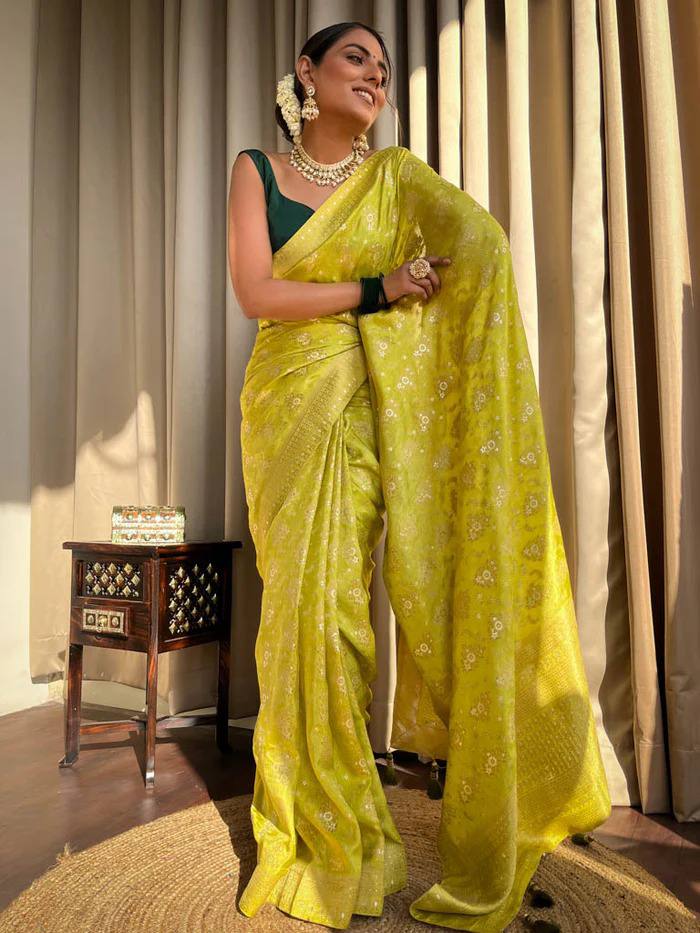 MAHENDI GREEN COLOUR PURE SEMI SILK SAREE WITH HEAVY BROCADE BLOUSE