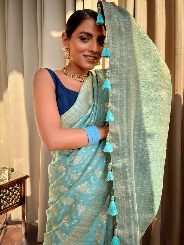 TURQUOISE GREEN SAREE WITH HEAVY BROCADE BLOUSE