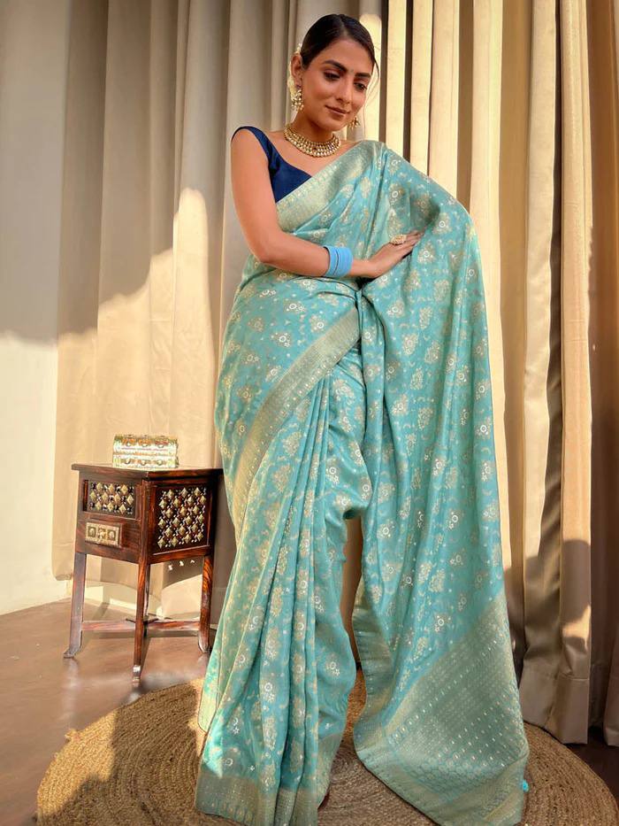 TURQUOISE GREEN SAREE WITH HEAVY BROCADE BLOUSE