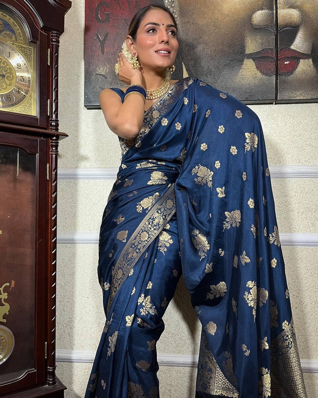 BLUE SAREE WITH HEAVY BROCADE BLOUSE