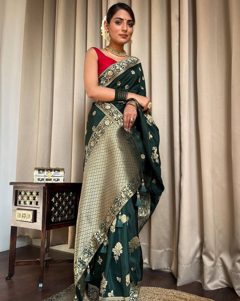 GREEN SAREE WITH HEAVY BROCADE BLOUSE