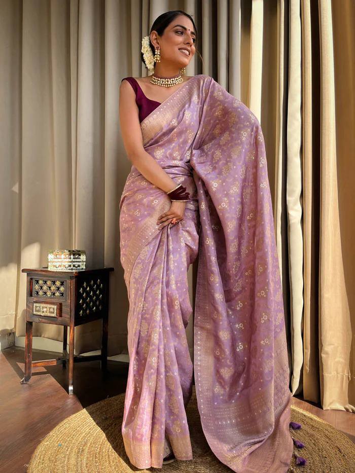 LAVENDER COLOUR PURE SEMI SILK SAREE WITH HEAVY BROCADE BLOUSE