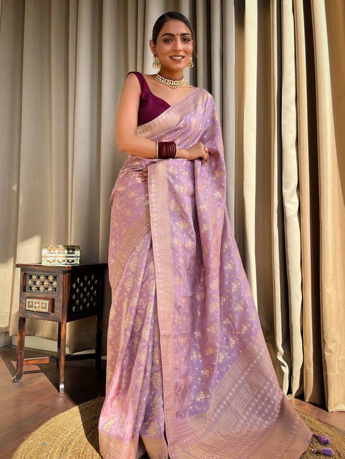 LAVENDER COLOUR PURE SEMI SILK SAREE WITH HEAVY BROCADE BLOUSE