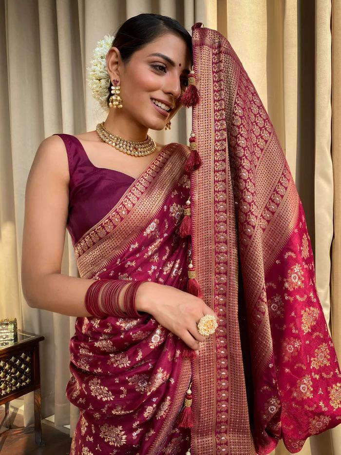 MAROON COLOUR PURE SEMI SILK SAREE WITH HEAVY BROCADE BLOUS