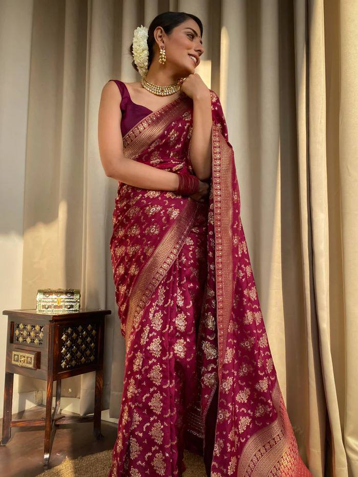 MAROON COLOUR PURE SEMI SILK SAREE WITH HEAVY BROCADE BLOUS