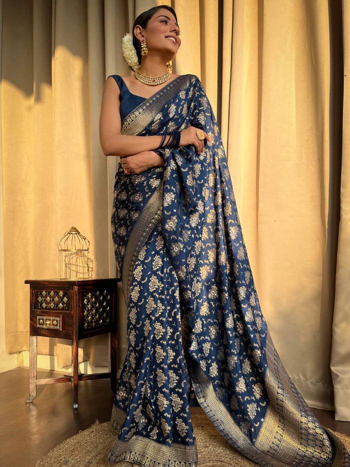 BLUE COLOUR PURE SEMI SILK SAREE WITH HEAVY BROCADE BLOUSE