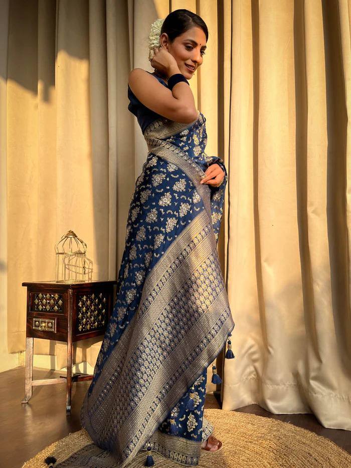 BLUE COLOUR PURE SEMI SILK SAREE WITH HEAVY BROCADE BLOUSE