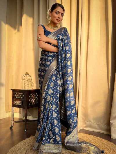 BLUE COLOUR PURE SEMI SILK SAREE WITH HEAVY BROCADE BLOUSE